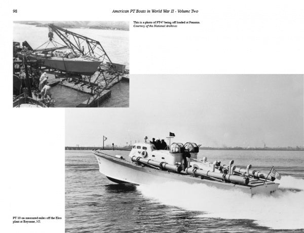 A striking black-and-white photo from *American PT Boats in World War II Volume Two* by Schiffer Publishing, Ltd. shows a PT boat racing across the water with an inset of a boat being lifted by crane—capturing classic WWII naval history.