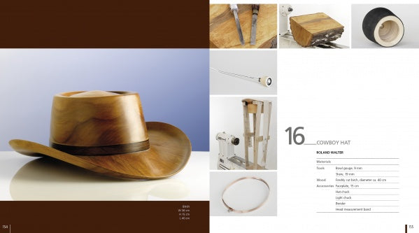 A wooden cowboy hat is shown beside step-by-step images featuring advanced woodturners making it, from block to finished piece. This standout project is found in "New Woodturning Techniques and Projects" by Schiffer Publishing, Ltd.