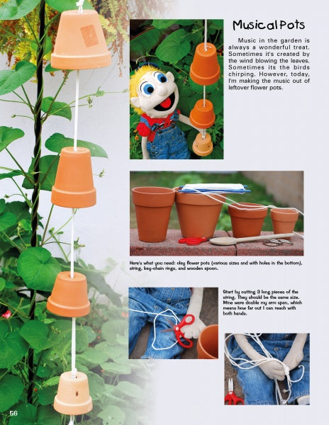 Create a fun autumn garden project for kids with step-by-step photos from *Kinder Gardens: Autumn Fun* by Schiffer Publishing, Ltd.—learn to make stacked clay pots hanging on a string, perfect for outdoor activities among leafy green plants.