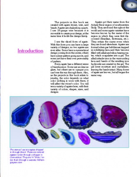 A book page from "Beads & Agate Jewelry To Create Yourself" by Schiffer Publishing, Ltd. shows text on agates and their uses, with an Introduction section and photos of vibrant polished agate slices to inspire DIY jewelry projects.