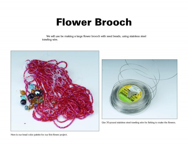 Materials for making the Flower Jewelry by Schiffer Publishing, Ltd.: pink and red threads with assorted beads on the left and a coil of stainless steel trawling wire on the right, inspired by Ani Afshar's jewelry-making workshop.