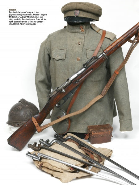 The book "Bayonets of the First World War" by Schiffer Publishing, Ltd. showcases bayonets ideal for identification, alongside a Russian infantry uniform, Mosin-Nagant rifle, cap, shirt, ammunition pouch, and helmet on a white background.