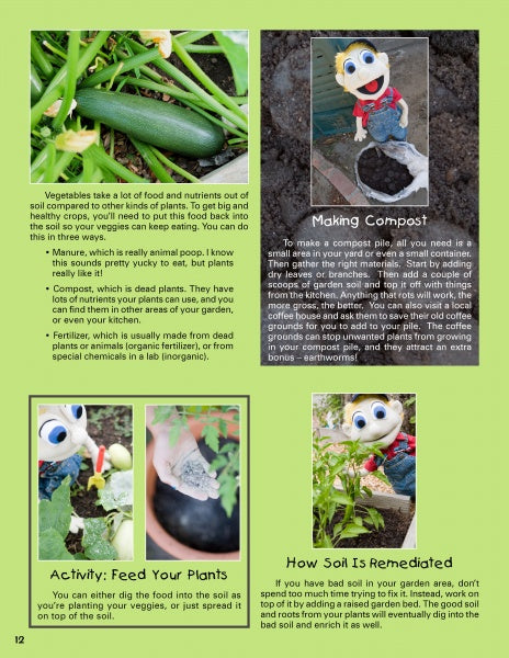 A page from "Kinder Gardens" by Schiffer Publishing, Ltd. shows photos of zucchini, a composting puppet, and garden plants alongside tips on plant nutrition, composting, and soil health—ideal for family gardening projects.