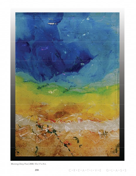Creative Glass by Schiffer Publishing, Ltd. features abstract art with deep blue blending into green, yellow, and sandy brown. Textured details and vibrant splashes evoke stained glass artistry in a colorful and dynamic composition.