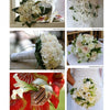 A collage from “Bridal Flowers” by Schiffer Publishing, Ltd. displays five elegant bridal bouquets of white blooms and greenery, featuring a bride in red with white calla lilies and classic round arrangements of roses and mixed flowers.