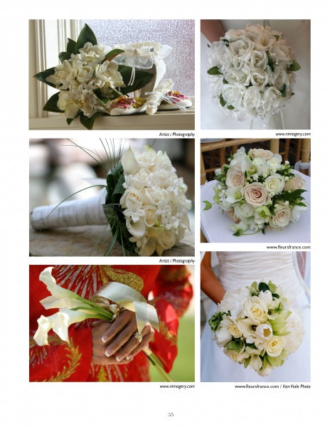 A collage from “Bridal Flowers” by Schiffer Publishing, Ltd. displays five elegant bridal bouquets of white blooms and greenery, featuring a bride in red with white calla lilies and classic round arrangements of roses and mixed flowers.