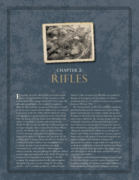 A textured blue page from "Italian Small Arms of the First and Second World Wars" by Schiffer Publishing, Ltd. shows a black-and-white photo of trench soldiers with rifles and text: Chapter 2: Rifles, exploring Italian military firearms in WWI.