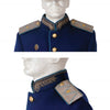 Mannequin wearing a blue Soviet military parade uniform with gold buttons, leaf-embroidered collar, and blue epaulets with gold insignia, inspired by "World War II Parade Uniforms of the Soviet Union • Vol.2" by Schiffer Publishing, Ltd.
