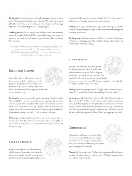 A page from Painterly Days by Schiffer Publishing, Ltd. features decorative patterns with sections like Birds and Blooms, Figs and Berries, Strawberries, and Chinoiserie I, each with a short description and a watercolor sketch of a plant or bird.