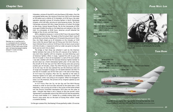 A spread from MiG Aces of the Vietnam War by Schiffer Publishing, Ltd. shows text, a B&W photo of two North Vietnamese pilots waving, a portrait near an aircraft, and images of gray fighter jets with red markings over a map of Vietnam.