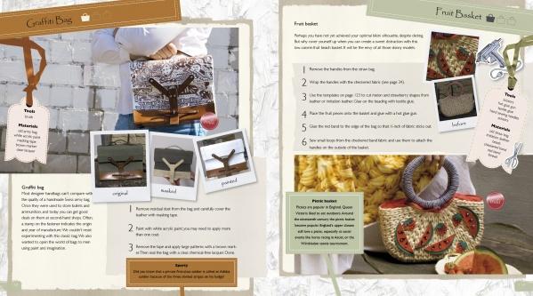 Two pages from "Bags for Fashionistas" by Schiffer Publishing, Ltd. show step-by-step DIY instructions: a Graffiti Bag messenger on the left, and crochet fruit baskets with yarn details and photos on the right.