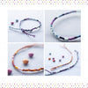 Four photos showcase Schiffer Publishing, Ltd.’s “Brazilian Bracelets: Making Friendship Bracelets & More,” featuring colorful handmade bracelets and patterns on light fabric, with beads and a playful polka dot border accenting the image.