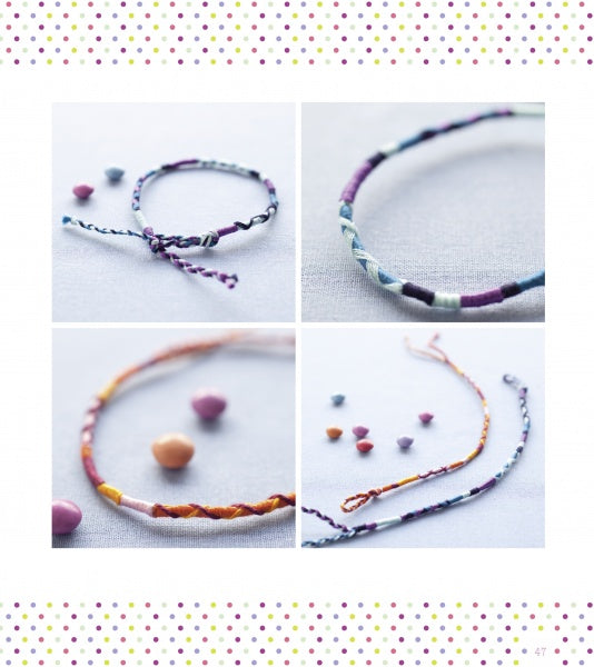 Four photos showcase Schiffer Publishing, Ltd.’s “Brazilian Bracelets: Making Friendship Bracelets & More,” featuring colorful handmade bracelets and patterns on light fabric, with beads and a playful polka dot border accenting the image.