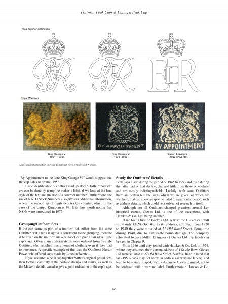 A page from "British Officers' Peak Caps of the Second World War" by Schiffer Publishing, Ltd. features illustrations of Royal Cypher cloth badges and warrant labels, with text on the history of Royal Warrants and British military collectibles.