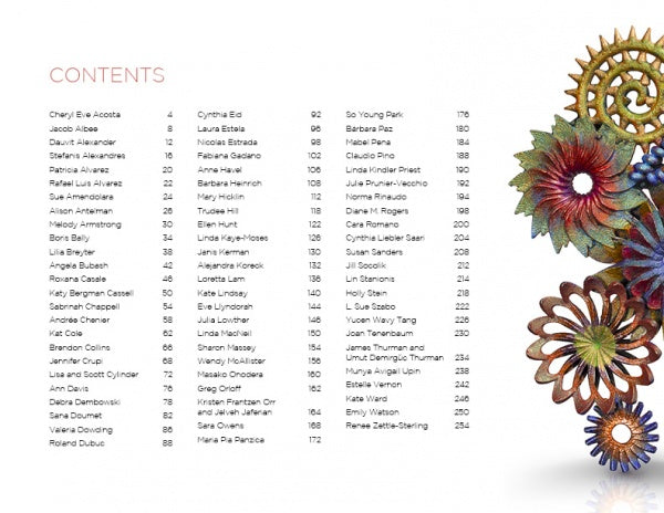 Table of contents from Art Jewelry Today 4 by Schiffer Publishing, Ltd., featuring three columns of names and page numbers and vibrant, gear-inspired floral designs along the right edge, evoking contemporary jewelry style.