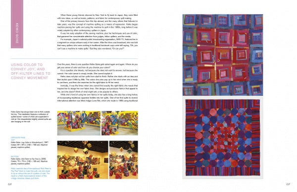 A magazine spread from Schiffer Publishing, Ltd.'s "Japanese Contemporary Quilts and Quilters" features vibrant geometric red and purple quilts by talented Japanese artists, with detailed displays and text highlighting their artistry.