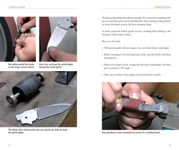 Liner Lock Knives by Schiffer Publishing, Ltd. offers a step-by-step guide with detailed instructions and close-up photos for grinding, sanding, and crafting blades throughout the folding knife making process.