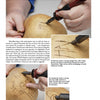 A person demonstrates beginner gourd art using "Apples to Apples" by Schiffer Publishing, Ltd., with close-ups of the technique and tool’s tip, plus tips for decorating gourds and creating unique art projects.