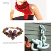 A page features three unique pieces of Costume Jewelry by Schiffer Publishing, Ltd.: a red ruffled scarf, a gold necklace with purple stones, and a light blue sculptural chain draped over a shoulder.