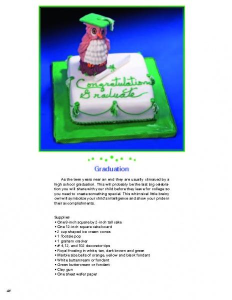 Cakes For All Occasions by Schiffer Publishing, Ltd. features an open book-shaped cake with a green graduation cap, an owl figure, and 'Congratulations Graduate' in green icing, beautifully presented on a white plate with a blue backdrop.