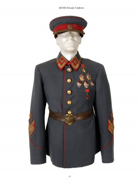The book "World War II Parade Uniforms of the Soviet Union • Vol.2" by Schiffer Publishing, Ltd. showcases Soviet gray parade uniforms with red accents, gold buttons, medals, peaked caps, and brown leather belts from the Sinclair Collection.