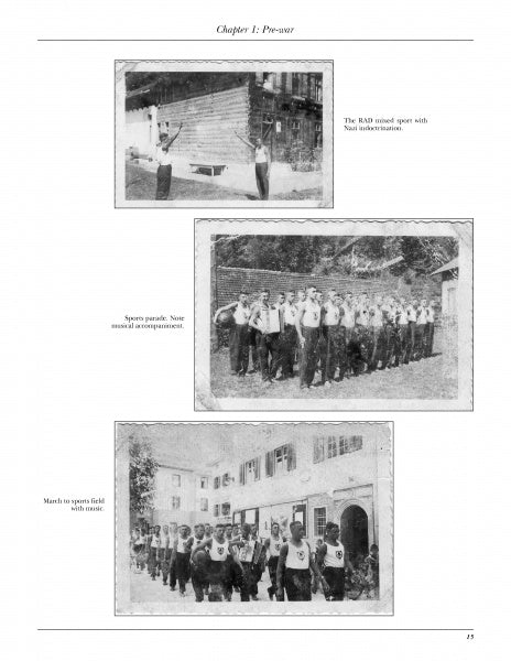 A black-and-white page from *The War Diaries of a Panzer Soldier* (Schiffer Publishing, Ltd.) shows three historic photos—log cabin, athletes, and marchers—with captions on sports, parades, and music in a pre-war setting.