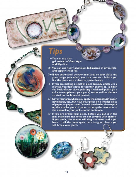 Assorted colorful jewelry surrounds a blue text box labeled "Tips," offering beginner advice on jewelry making and enameling, inspired by the "Enameling" book from Schiffer Publishing, Ltd.