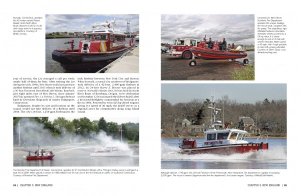 A collage of a fire engine, showcasing tools and equipment featured in "American Fireboats" by Schiffer Publishing, Ltd., also used in marine firefighting.