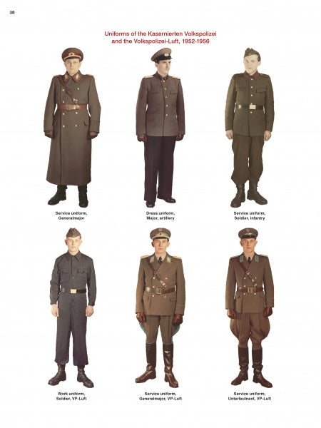 Uniforms of the East German Military by Schiffer Publishing, Ltd. features six men in two rows, each modeling distinct DDR Kasernierte Volkspolizei and Volkspolizei-Luft uniforms (1952-1956), including service, dress, and work attire for various ranks.