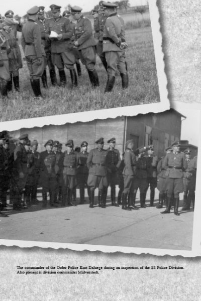 Two black-and-white photos from "Panzergrenadier Divisions of the Waffen-SS" (Schiffer Publishing, Ltd.) show uniformed officers outdoors during an inspection—some reviewing documents, others in formation. A typewritten caption is visible below.