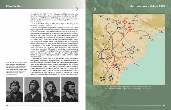 A spread from MiG Aces of the Vietnam War by Schiffer Publishing, Ltd. displays black-and-white portraits of North Vietnamese pilots on the left and a color map of Vietnam with aviation routes dated April 4, 1965, on the right.