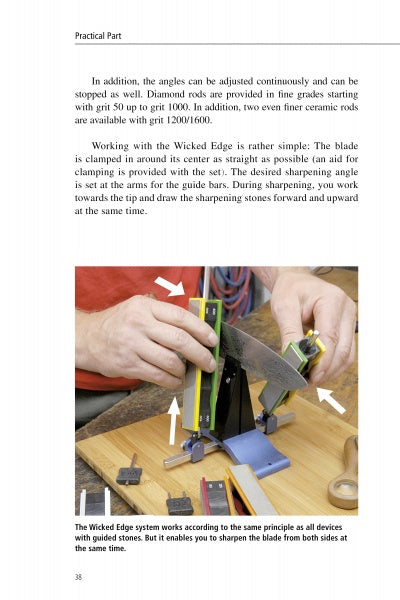 A person sharpens a large knife using Schiffer Publishing, Ltd.'s "Knife Sharpening Made Easy" guide; arrows highlight sharpening steps, with a stone and honing tools visible on the table.