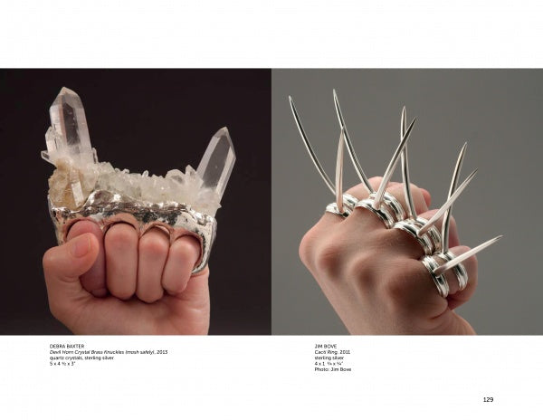 In On Body and Soul by Schiffer Publishing, Ltd., two fists display distinctive jewelry: the left wears a clear quartz crystal knuckleduster ring, while the right features a spiked metal ring.