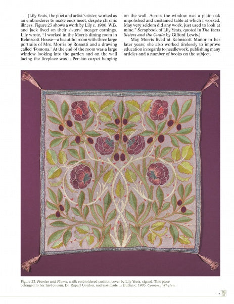 The Arts and Crafts Embroidery cushion cover by Schiffer Publishing, Ltd. features a symmetrical red and purple floral silk design with green leaves on beige, highlighting exquisite needlework against a light background with text above and below.