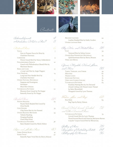 A contents page from "Creative Rims for Gourd Art" by Schiffer Publishing, Ltd. shows section titles, author names, and page numbers in ornate fonts, with images of beaded, braided jewelry, and rim-finishing gourd art at the top.