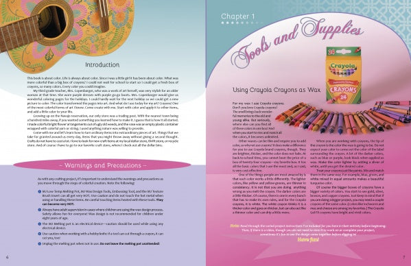 Two vibrant pages from Wax on Crafts by Schiffer Publishing, Ltd.: The left displays a decorative guitar, intro text, and safety notes. The right highlights Miriam Joy’s wax crafts with Tools and Supplies and step-by-step decorating instructions.