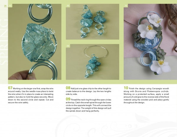 A jewelry-making tutorial from Schiffer Publishing, Ltd.'s Fresh Floral Jewelry shows step-by-step instructions with images of blue stone wire-wrapped pendants, earrings, and a necklace featuring blue wire and delicate white floral designs.