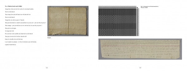 A book spread from Schiffer Publishing, Ltd.’s *Frances L. Goodrich’s Coverlet and Counterpane Drafts* features a poem on the left page and, on the right, three historical textile images: a yellowed fabric swatch, a black-and-white pattern inspired by handwoven counterpanes, and a handwritten Appalachian weaving draft on lined paper.
