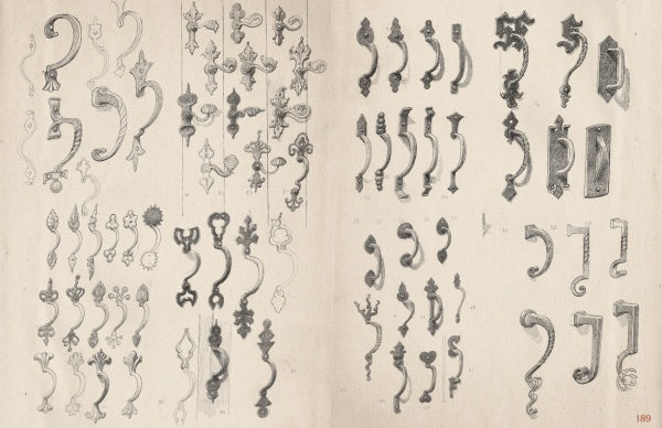 A vintage catalog page from Thomas Wilson's Ironwork Notebooks by Schiffer Publishing, Ltd. showcases ornate metal handles and decorative hardware with intricate ironwork designs, all neatly arranged on a cream-colored background.