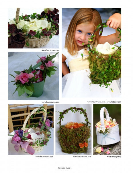 A collage features Schiffer Publishing, Ltd.’s “Bridal Flowers”: flower baskets and a girl in a white dress holding a moss-covered floral basket, showcasing decorative baskets with flowers, ribbons, and greenery—ideal for DIY wedding arrangements.