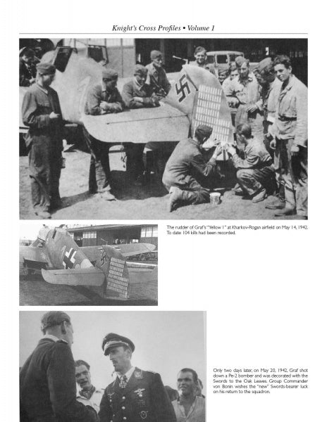 In Knight's Cross Profiles Vol.1 from Schiffer Publishing, Ltd., WWII Wehrmacht soldiers gather by a swastika-marked German aircraft; also shown are a side view of the plane and uniformed men, possibly Luftwaffe pilots, conversing.