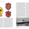 A book spread from "United States Navy and Marine Corps Aviation Squadron Lineage, Insignia, and History" by Schiffer Publishing, Ltd. shows text, four dragon-and-sword military patches, and a black-and-white aircraft carrier photo, highlighting aviation history.