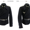 Two Panzer Feldjacke black military jackets with shoulder boards, eagle insignia, and wide belts are displayed on mannequins against a white background. Image from Schiffer Publishing, Ltd.'s German armored uniform reference guide.