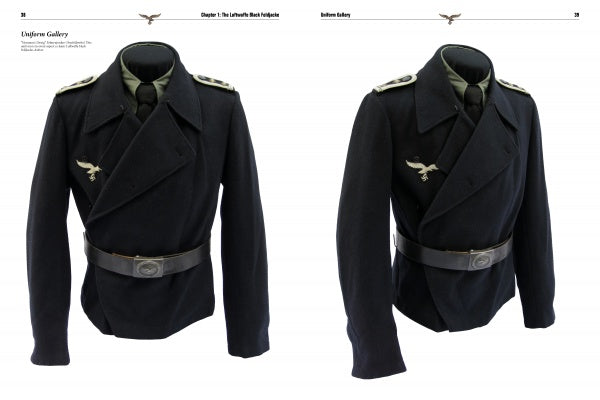 Two Panzer Feldjacke black military jackets with shoulder boards, eagle insignia, and wide belts are displayed on mannequins against a white background. Image from Schiffer Publishing, Ltd.'s German armored uniform reference guide.