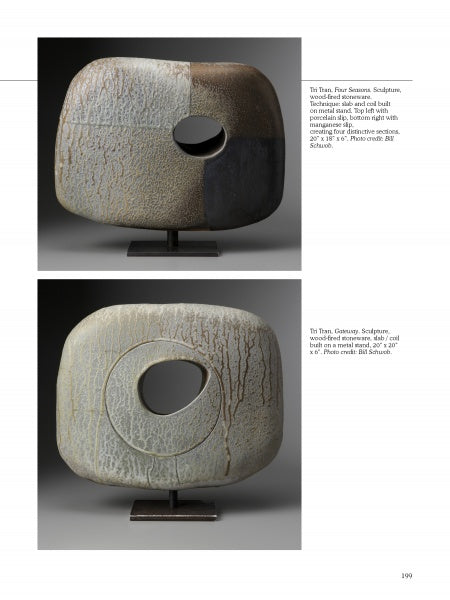 Two images of "Wood-Fired Ceramics" by Schiffer Publishing, Ltd. show an abstract ceramic sculpture with a side hole on a metal base, featuring earthy textured surfaces and glazes that highlight kiln techniques valued by ceramic artists.