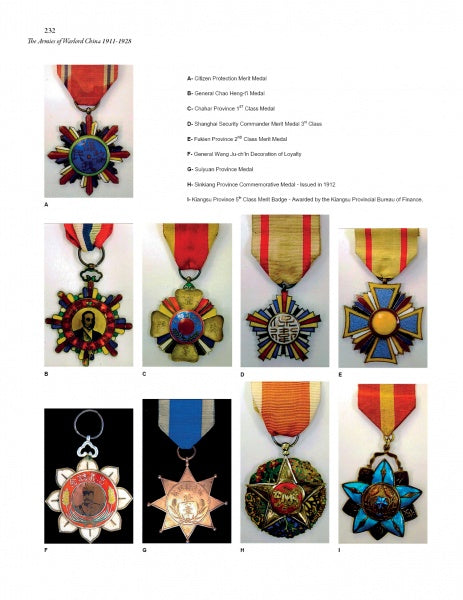 A page from "The Armies of Warlord China 1911-1928" by Schiffer Publishing, Ltd. shows nine distinct medals (A–I) from 1911–1928, each with unique designs and ribbons, on a white background with descriptive text above.