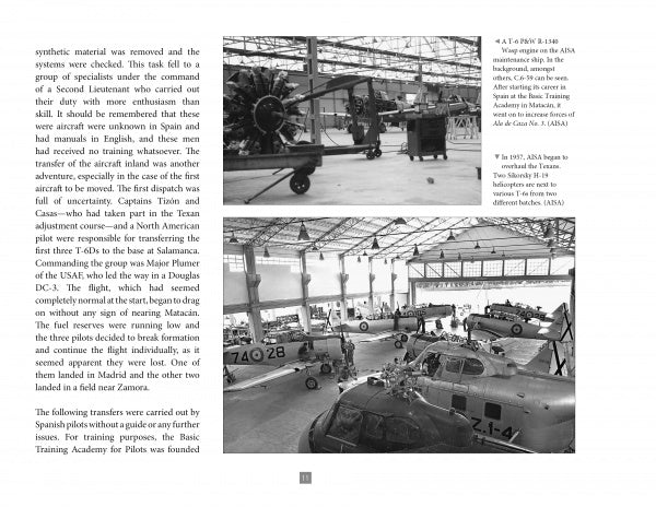 A black and white photo shows WWII aircraft being serviced in a hangar, with a smaller inset of a mechanic working on the engine of a North American T-6 Texan. Published by Schiffer Publishing, Ltd.