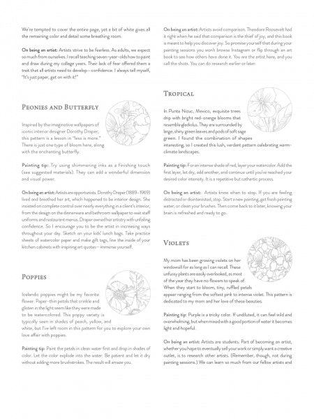 A page from Painterly Days by Schiffer Publishing, Ltd. features text about peonies, poppies, tropical flowers, and violets with small circular floral sketches beside each section and elegant decorative accents for a refined look.