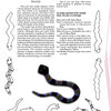 A page from "Making Wood Jewelry" by Schiffer Publishing, Ltd. showcases illustrated snakes in vivid shapes and colors—including a 3D black, purple, red, and yellow striped snake—with tips for using the designs in wood jewelry or desert-themed art.