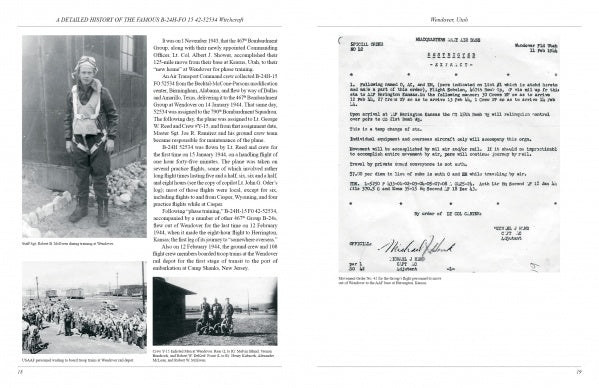 A spread from *The Famous B-24 Witchcraft* by Schiffer Publishing, Ltd. shows WWII-era black-and-white photos—men in uniform, a group, a truck—opposite a typed military letter titled Special Order referencing the 8th Army Air Force.